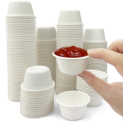 CAMKYDE 2 oz Disposable Bagasse Fiber Souffle Cups 100pk, 100% Natural Biodegradable Compostable Condiment Cups Sample Cups Tasting Cups (White, Pack of 100)