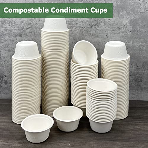 CAMKYDE 2 oz Disposable Bagasse Fiber Souffle Cups 100pk, 100% Natural Biodegradable Compostable Condiment Cups Sample Cups Tasting Cups (White, Pack of 100)