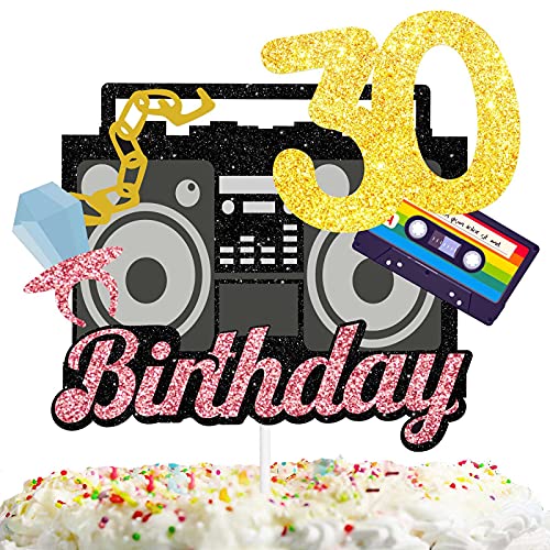 Gold Glitter Vintage Boombox 30th Birthday Cake Topper Retro Throwback Thirty Years Old Theme Decor Supplies Happy Birthday Party Decorations