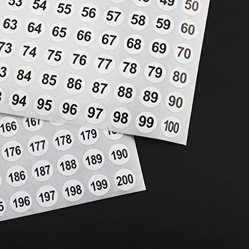 Number Sticker 1 to 200 Ruiwaer 20 Sheets Vinyl Continuous Digital Sticker 0.4 Inch Small Circular Digital Self Adhesive Sticker Storage Finishing Sticker (10 Sheets 1 to 100 and 10 Sheets 101 to 200)