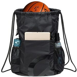 trailkicker drawstring backpack bag basketball football volleyball mesh gym sports string drawstring bag waterproof for men &women with smooth zipper and two mesh water bottle holder (black)