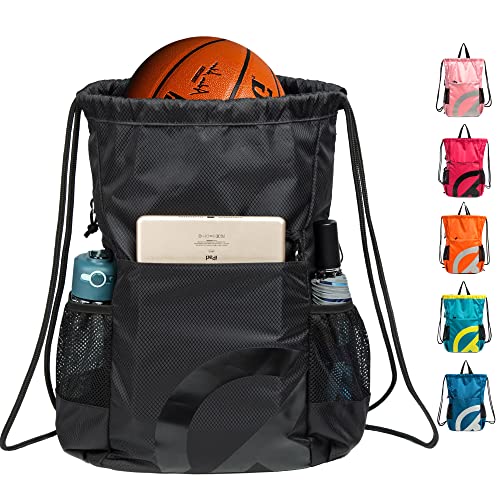 TRAILKICKER Drawstring Backpack Bag Basketball Football Volleyball Mesh Gym Sports String Drawstring Bag Waterproof for Men &Women with Smooth Zipper and Two Mesh Water Bottle Holder (Black)