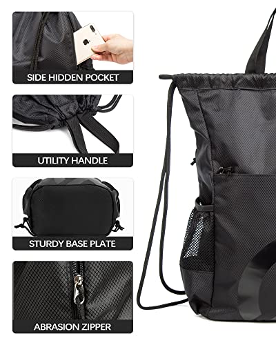 TRAILKICKER Drawstring Backpack Bag Basketball Football Volleyball Mesh Gym Sports String Drawstring Bag Waterproof for Men &Women with Smooth Zipper and Two Mesh Water Bottle Holder (Black)