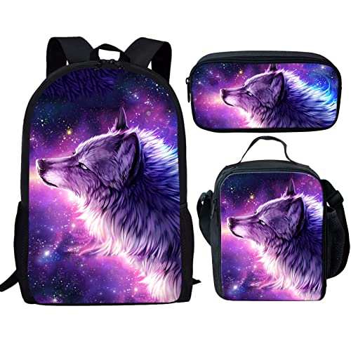 ZFRXIGN Wolf Kids Backpack with Lunch Box Pencil Case Galaxy School Bag Sets for Girls Elementary Pouch Case Back to School Rucksack 3 Pcs Purple