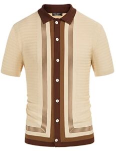 mens short sleeve vintage stripe knit polo shirts 60s retro sweater polo beige m