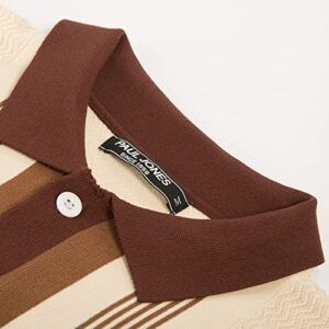 Mens Short Sleeve Vintage Stripe Knit Polo Shirts 60s Retro Sweater Polo Beige M