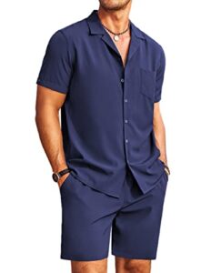 coofandy men's 2 pieces shirt set short sleeve button down casual hippie holiday beach t-shirts shorts outfits (navy blue, large)