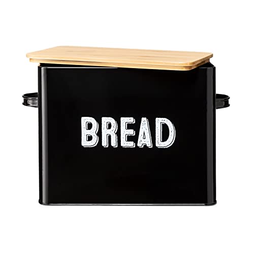 Granrosi Large Black Bread Box for Kitchen Countertop, Bread Storage Container, Breadbox, Bread Container, Bread Boxes, Bread Keeper, Bread Holder - Farmhouse Bread Box with Bamboo Wooden Lid - Black