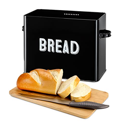 Granrosi Large Black Bread Box for Kitchen Countertop, Bread Storage Container, Breadbox, Bread Container, Bread Boxes, Bread Keeper, Bread Holder - Farmhouse Bread Box with Bamboo Wooden Lid - Black