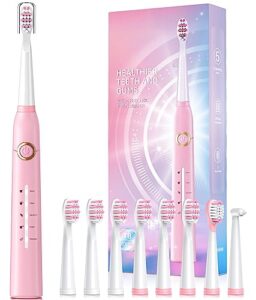 teetheory upgraded version-sonic electric toothbrush for adults with 8 brush heads, power electric toothbrush with 40000 vpm 5 modes, rechargeable fast charge 4 hours (pink)