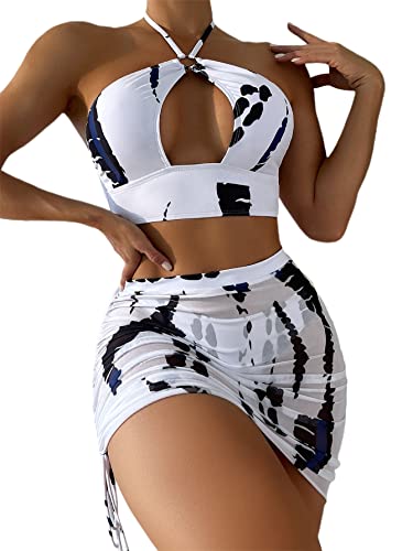 MakeMeChic Women's 3 Piece Swimsuits Halter Cutout Bikini Set Bathing Suit with Cover Up Skirt Black and White S