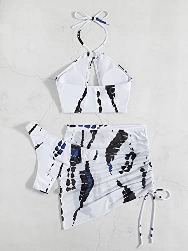 MakeMeChic Women's 3 Piece Swimsuits Halter Cutout Bikini Set Bathing Suit with Cover Up Skirt Black and White S