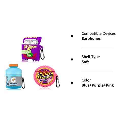 3 Pack Cute Airpods 1/2 Case Cover, Food Design Cool 3D Cartoon Funny Kawaii Case Silicone for Girls Boys, for Apple Airpod with Keychain [ Sports Water+Takis Potato Chips+Bubble Gum ]