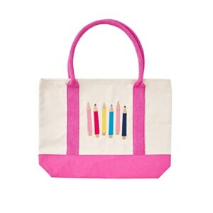 mud pie back to school canvas tote bag, pink, 13" x 17"