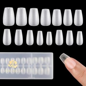 una gella short coffin nail tips - 360 pcs double matte soft gel nail tips in 15 sizes, pre-shaped full cover press on clear acrylic false gelly nail tips for diy nail extensions with gift box