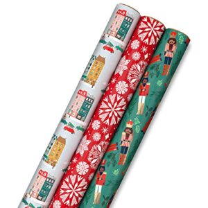 hallmark christmas wrapping paper with cutlines on reverse (3 rolls: 120 sq. ft. total) winter city scene, rustic snowflakes on red, nutcrackers with foliage
