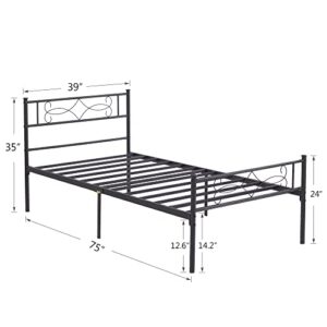 VECELO 14" Twin Size Metal Platform Bed Frame with Headboard,Premium Steel Slat Support No Box Spring Needed,Noise-Free Anti-Slip,Easy Assembly