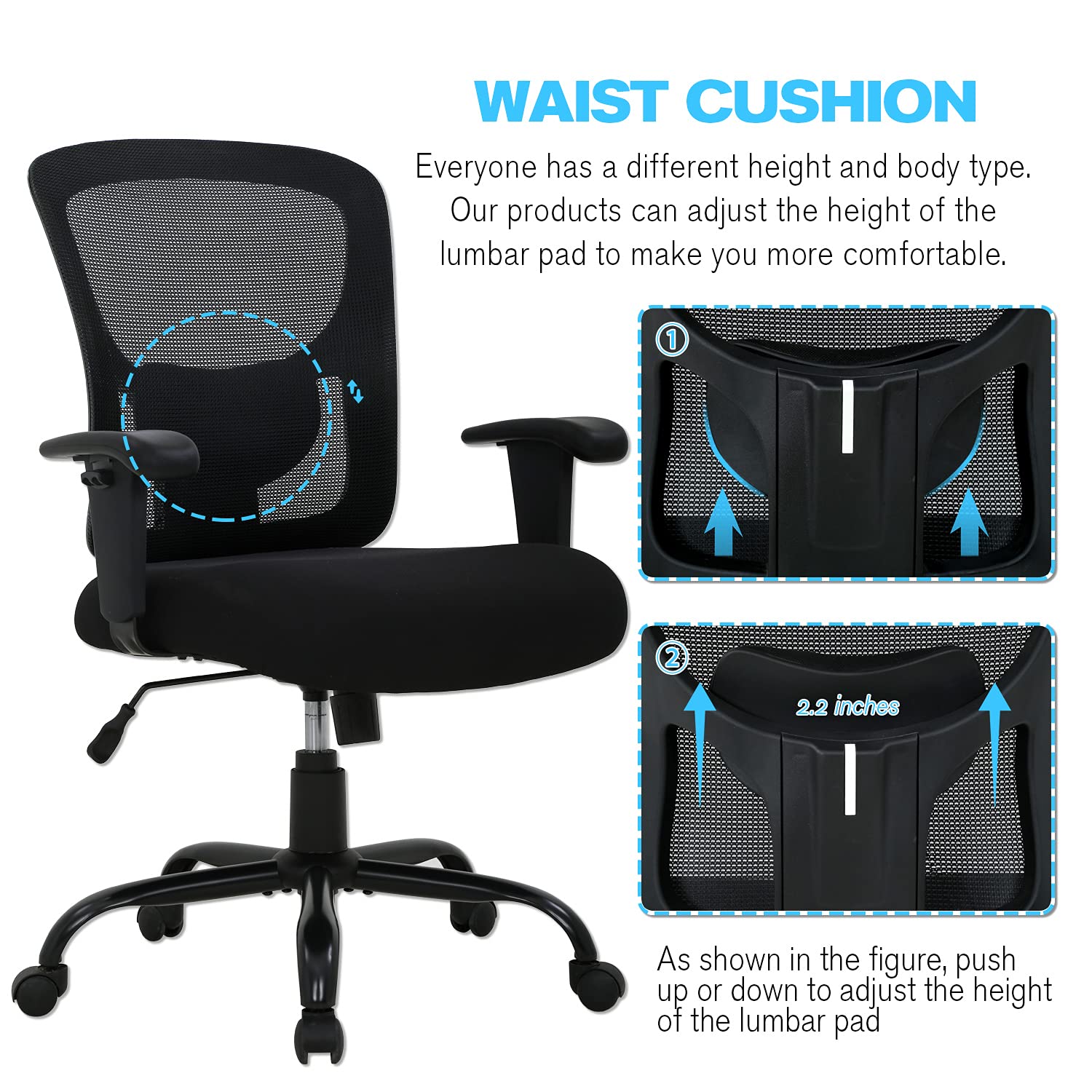 HCY Big & Tall Office , Desk 400 lbs Computer Mesh Chair for Heavy People Height Adjustable Rolling Desk Chair with Ergonomic Lumbar Support for Home, Office (Black)