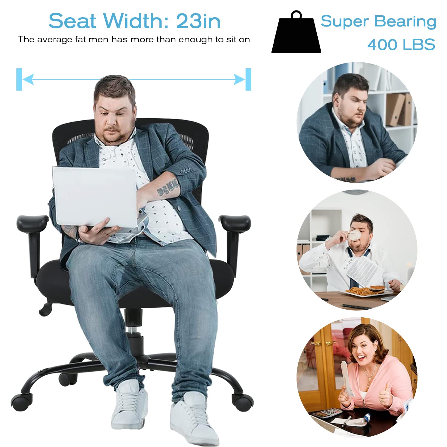 HCY Big & Tall Office , Desk 400 lbs Computer Mesh Chair for Heavy People Height Adjustable Rolling Desk Chair with Ergonomic Lumbar Support for Home, Office (Black)