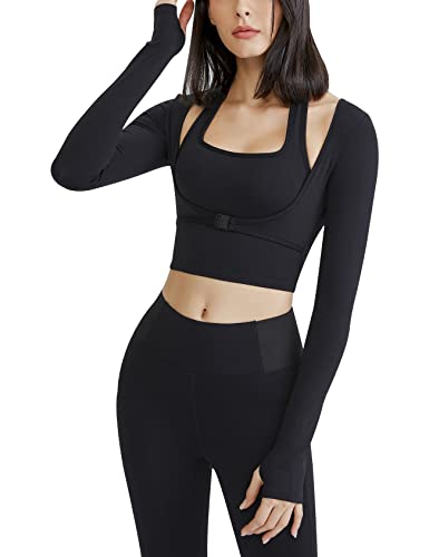 Gihuo Long Sleeve Cutout Yoga Tops Sports Tees Crop Tops T Shirt for Women Workout Black