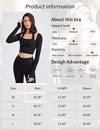 Gihuo Long Sleeve Cutout Yoga Tops Sports Tees Crop Tops T Shirt for Women Workout Black