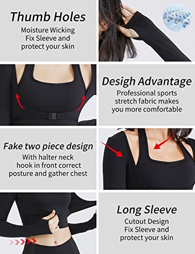 Gihuo Long Sleeve Cutout Yoga Tops Sports Tees Crop Tops T Shirt for Women Workout Black