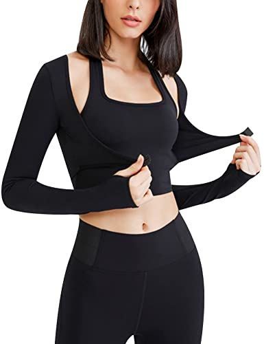 Gihuo Long Sleeve Cutout Yoga Tops Sports Tees Crop Tops T Shirt for Women Workout Black