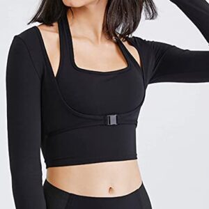 Gihuo Long Sleeve Cutout Yoga Tops Sports Tees Crop Tops T Shirt for Women Workout Black