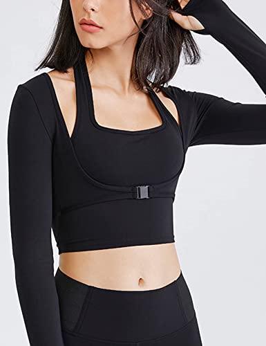 Gihuo Long Sleeve Cutout Yoga Tops Sports Tees Crop Tops T Shirt for Women Workout Black