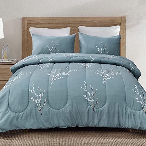 Exclusivo Mezcla 3-Piece Floral King Size Comforter Set, Microfiber Bedding Down Alternative Comforter for All Seasons with 2 Pillow Shams, Blue