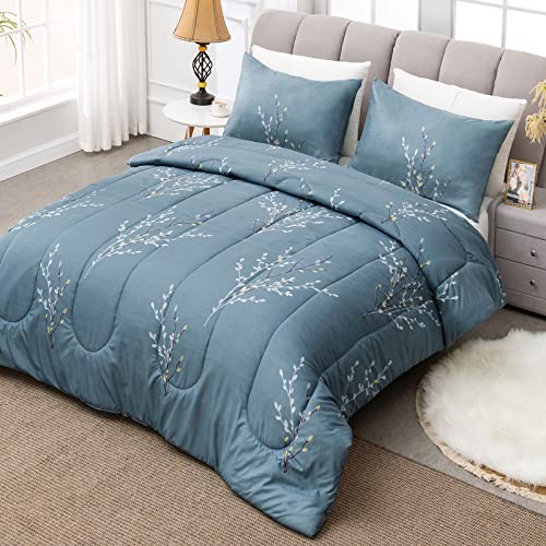 Exclusivo Mezcla 3-Piece Floral King Size Comforter Set, Microfiber Bedding Down Alternative Comforter for All Seasons with 2 Pillow Shams, Blue