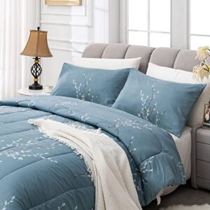 Exclusivo Mezcla 3-Piece Floral King Size Comforter Set, Microfiber Bedding Down Alternative Comforter for All Seasons with 2 Pillow Shams, Blue