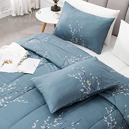 Exclusivo Mezcla 3-Piece Floral King Size Comforter Set, Microfiber Bedding Down Alternative Comforter for All Seasons with 2 Pillow Shams, Blue