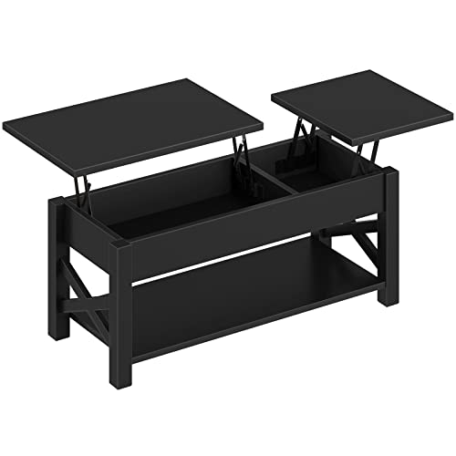 Rolanstar Coffee Table 47.2", 2 Way Lift Top Farmhouse Center Table with Hidden Compartment, Open Shelf & X Wooden Support for Living Room, Black