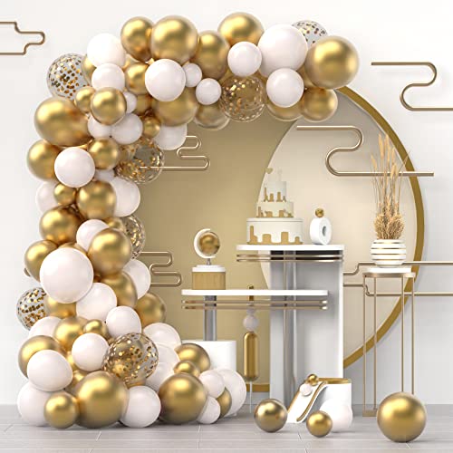 NISOCY White Gold Confetti Balloons Garland Arch Kit, 120 PCS 12in 10in 5in Latex Metallic Gold White Confetti Balloons for Birthday, Wedding, Anniversary, Celebrations, Prom Bridal Party Decoration