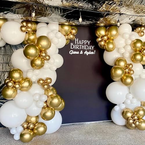 NISOCY White Gold Confetti Balloons Garland Arch Kit, 120 PCS 12in 10in 5in Latex Metallic Gold White Confetti Balloons for Birthday, Wedding, Anniversary, Celebrations, Prom Bridal Party Decoration