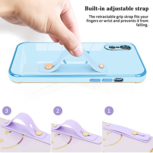 Uioeua Compatible with iPhone XR Case with Smiley Face Pattern,Soft TPU Cute Plating Wristband Holder Case Camera Lens Protection Side Small Pattern Shockproof Wrist Strap Case Women Girls-Sky Blue