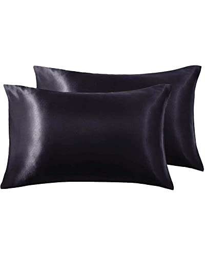 Satin Pillowcase for Hair and Skin, Black Pillow Case Set of 2, Standard, Queen, King Size Satin Pillowcases, Silk Pillow Cases with Envelope Closure (Standard 20X26 Inch, Black)