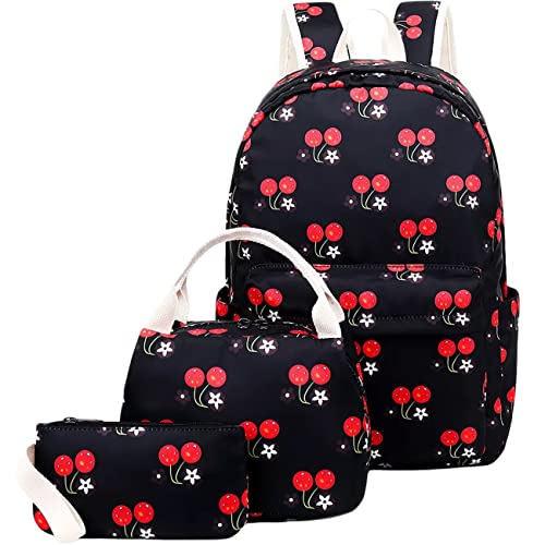 Joyfulife Backpack for Girls School Bags Kids Bookbags Teen Girls Backpacks with Lunch Box Pencil Bags Travel Daypack (Cherry Black)