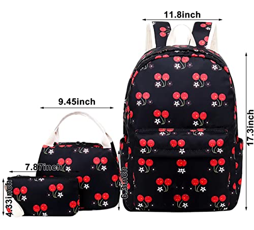 Joyfulife Backpack for Girls School Bags Kids Bookbags Teen Girls Backpacks with Lunch Box Pencil Bags Travel Daypack (Cherry Black)