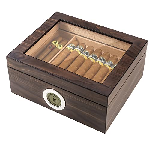 Flauno Desktop Cigar Humidor, Cedar Wood Humidor Cigar Box with Digital Hygrometer, Humidifier, Tray and Dividers, Holds 25-50 Cigars, Walnut Finish