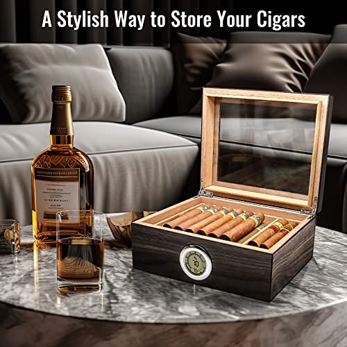 Flauno Desktop Cigar Humidor, Cedar Wood Humidor Cigar Box with Digital Hygrometer, Humidifier, Tray and Dividers, Holds 25-50 Cigars, Walnut Finish