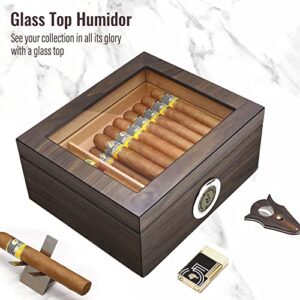 Flauno Desktop Cigar Humidor, Cedar Wood Humidor Cigar Box with Digital Hygrometer, Humidifier, Tray and Dividers, Holds 25-50 Cigars, Walnut Finish