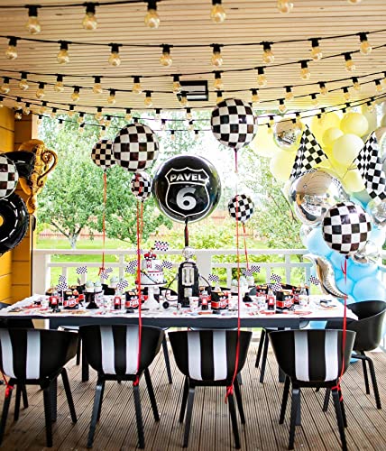 12 Pack 18 Inch Checkered Racing Balloons Helium Foil Mylar Black and White Checkered Balloons for Race Car Themed Party Birthday Festival Decorations Supplies