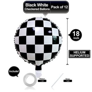 12 Pack 18 Inch Checkered Racing Balloons Helium Foil Mylar Black and White Checkered Balloons for Race Car Themed Party Birthday Festival Decorations Supplies