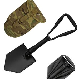 USGI Industries Military Style Shovel | Tri-Fold Entrenching Tool with Serrated Edge | Lightweight, Foldable, Compact, Multi-Use Perfect for Camping, Survival, Trenching (OCP Cover)