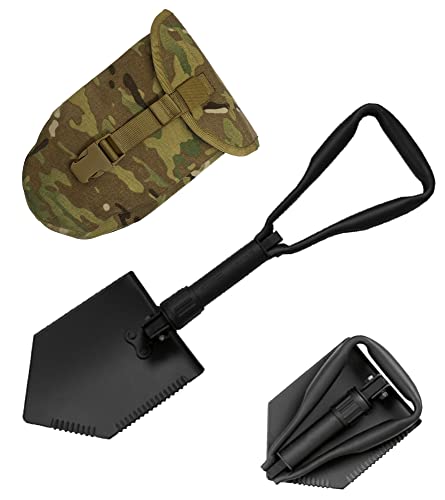 USGI Industries Military Style Shovel | Tri-Fold Entrenching Tool with Serrated Edge | Lightweight, Foldable, Compact, Multi-Use Perfect for Camping, Survival, Trenching (OCP Cover)