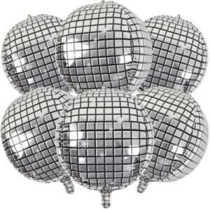 6 pack disco ball balloons for 70s disco party 22 inch large 4d round metallic silver disco mylar foil balloons for disco theme birthday new year party decorations