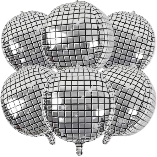 6 Pack Disco Ball Balloons for 70s Disco Party 22 Inch Large 4D Round Metallic Silver Disco Mylar Foil Balloons for Disco Theme Birthday New Year Party Decorations