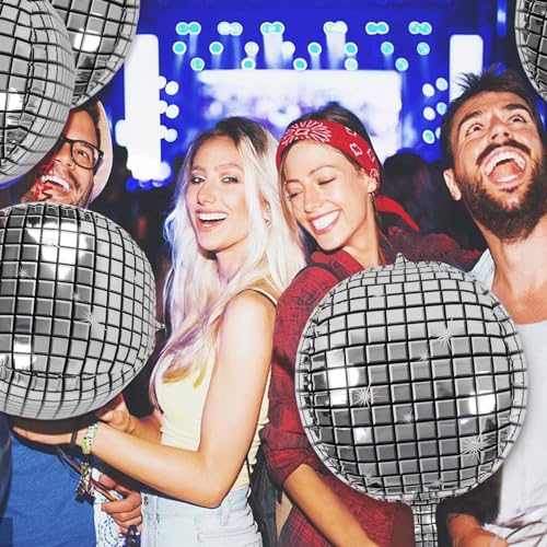 6 Pack Disco Ball Balloons for 70s Disco Party 22 Inch Large 4D Round Metallic Silver Disco Mylar Foil Balloons for Disco Theme Birthday New Year Party Decorations